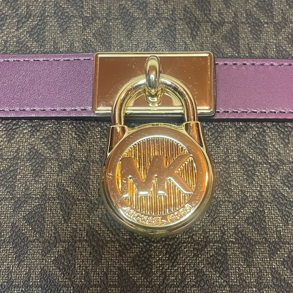 Michael Kors Hamilton Plum Violet Leather & Signature Monogram Canvas Satchel - Picture 3 of 17